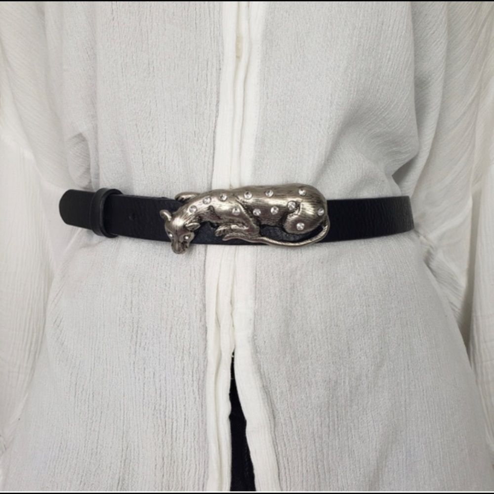 New black XL leather belt with jeweled panther buckle.